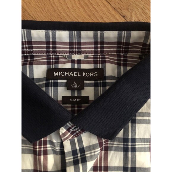 Michael Kors Short Sleeve Button Up Shirt Large Blue Maroon Stripes NWOT - Picture 2 of 6